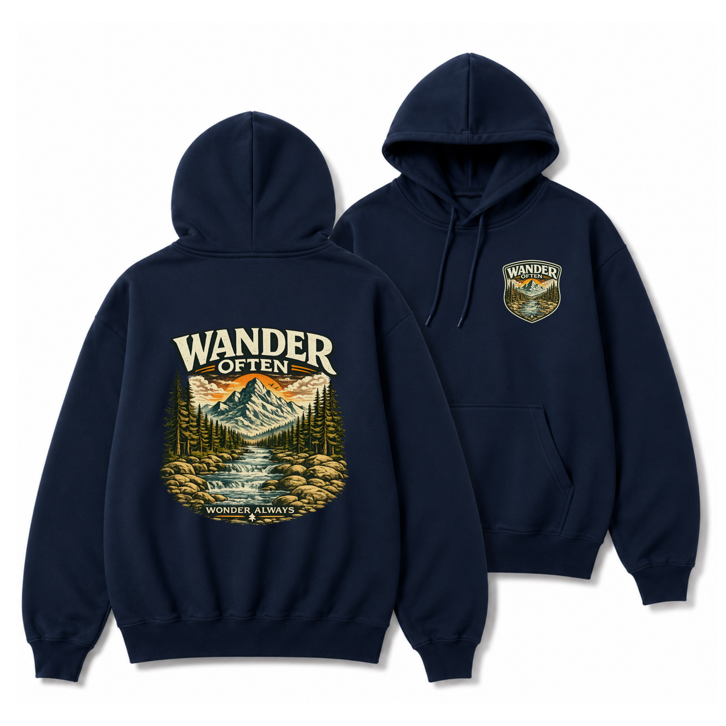 Wander Often Mountain Hoodie — Adventure Nature Graphic Pullover
