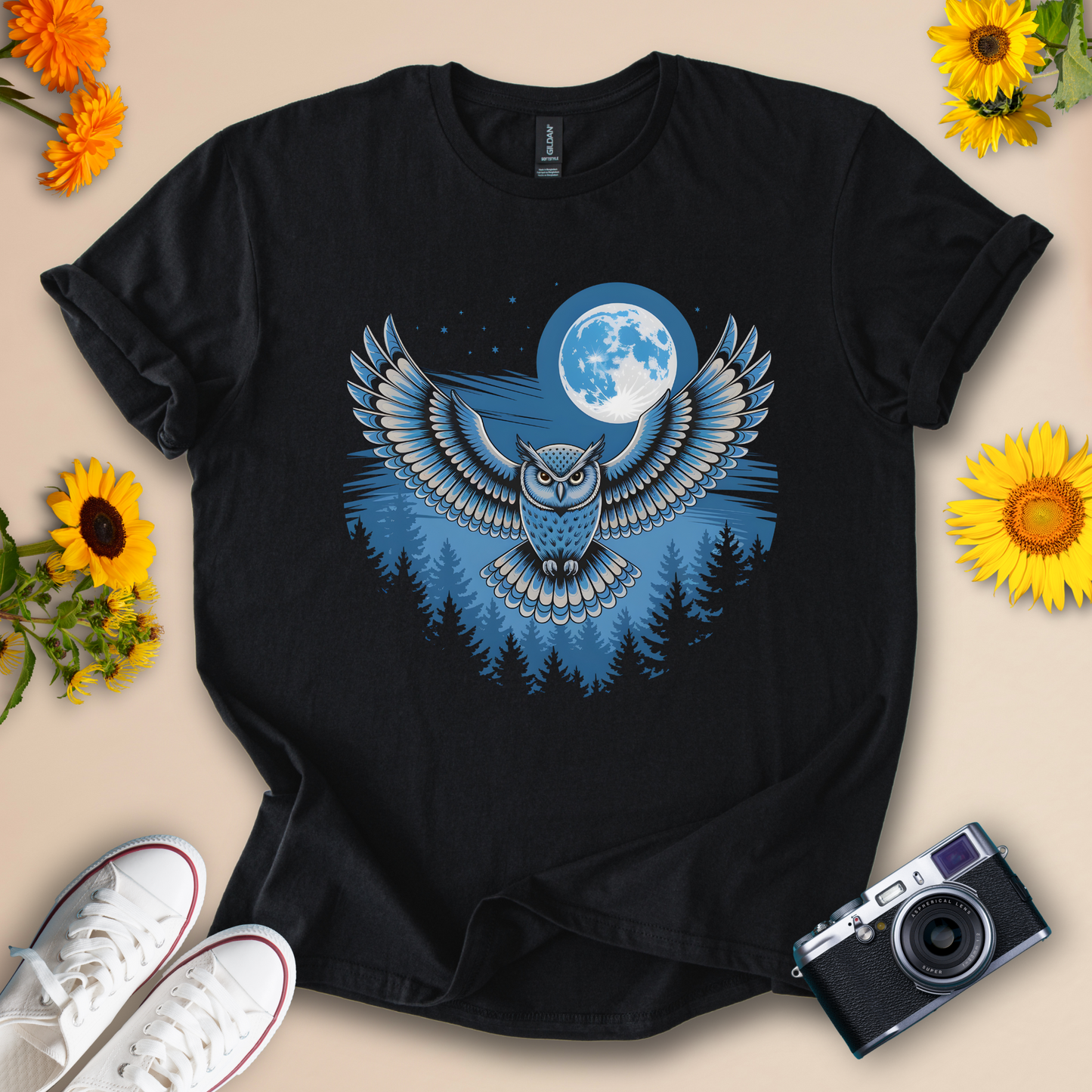 Midnight Owl Forest Tee – Full Moon Wildlife Graphic Shirt for Night Nature Lovers