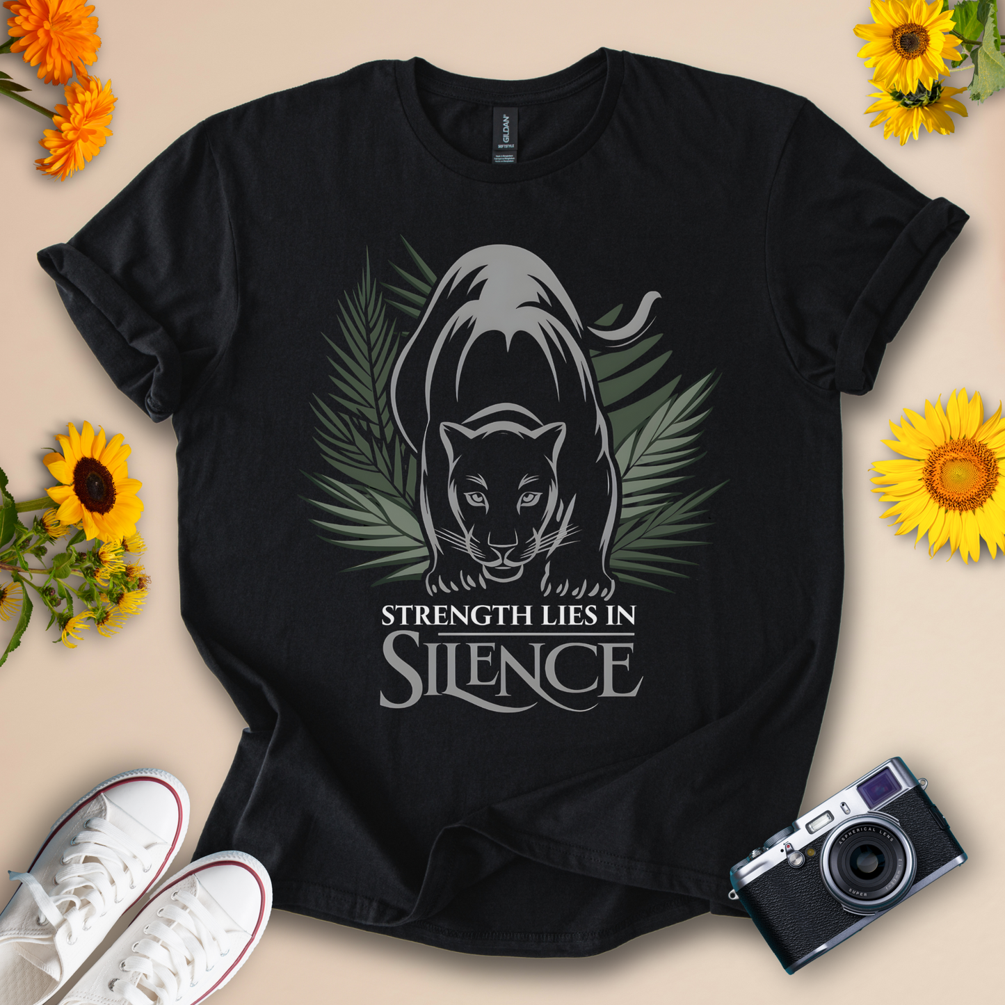 Strength Lies in Silence - Inspirational Black Cat Tee
