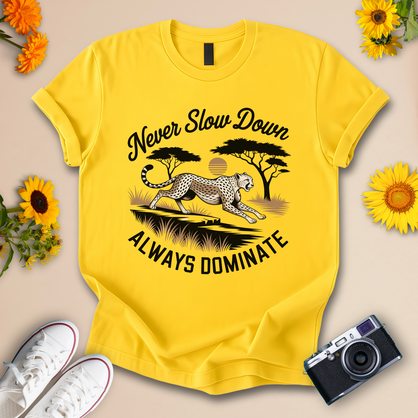 Never Slow Down, Always Dominate – Cheetah Motivational Graphic Tee