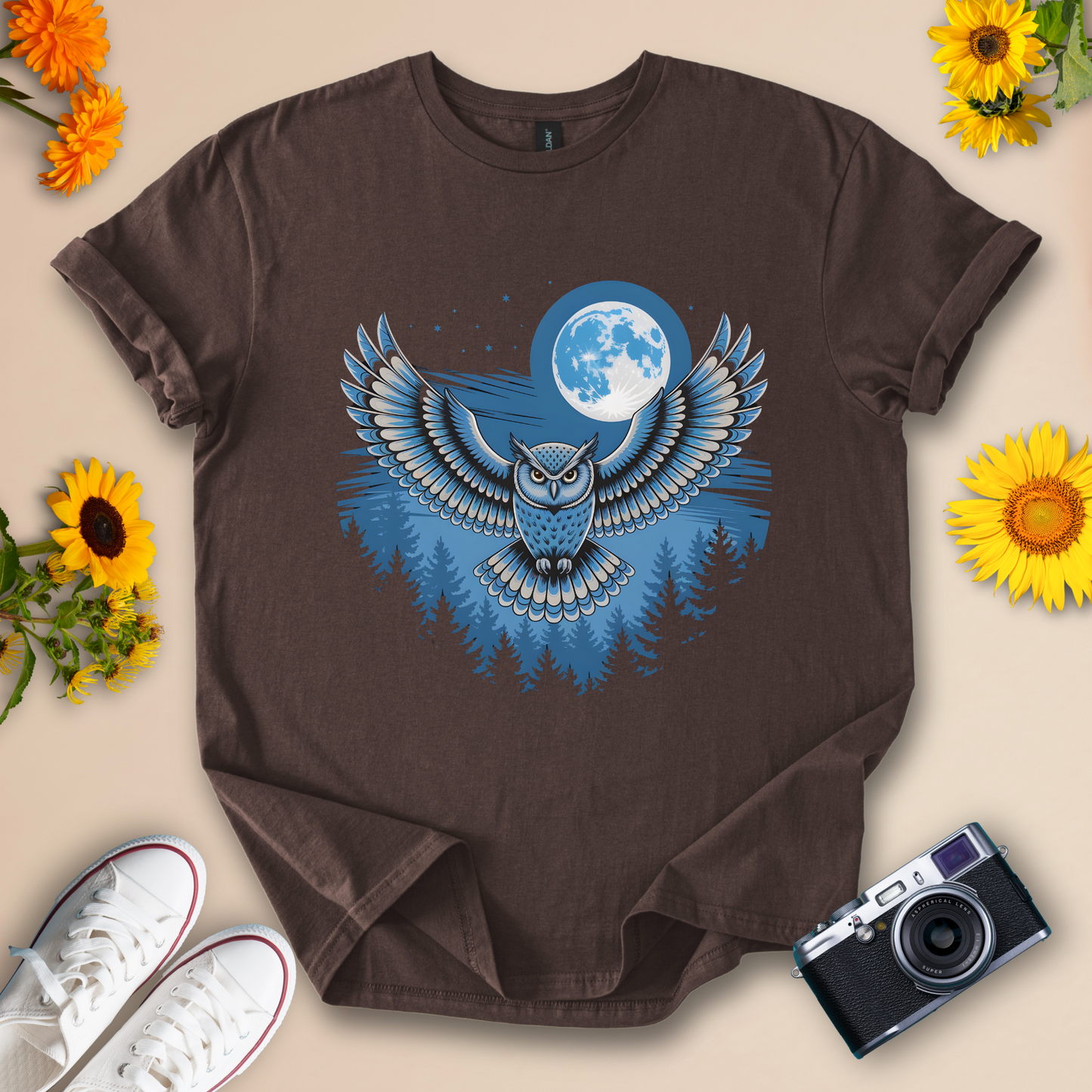 Midnight Owl Forest Tee – Full Moon Wildlife Graphic Shirt for Night Nature Lovers