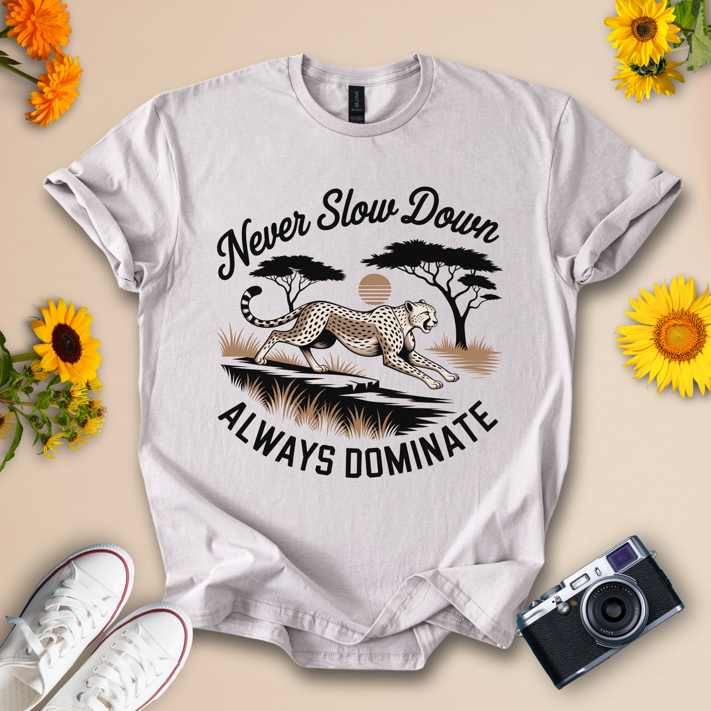 Never Slow Down, Always Dominate – Cheetah Motivational Graphic Tee