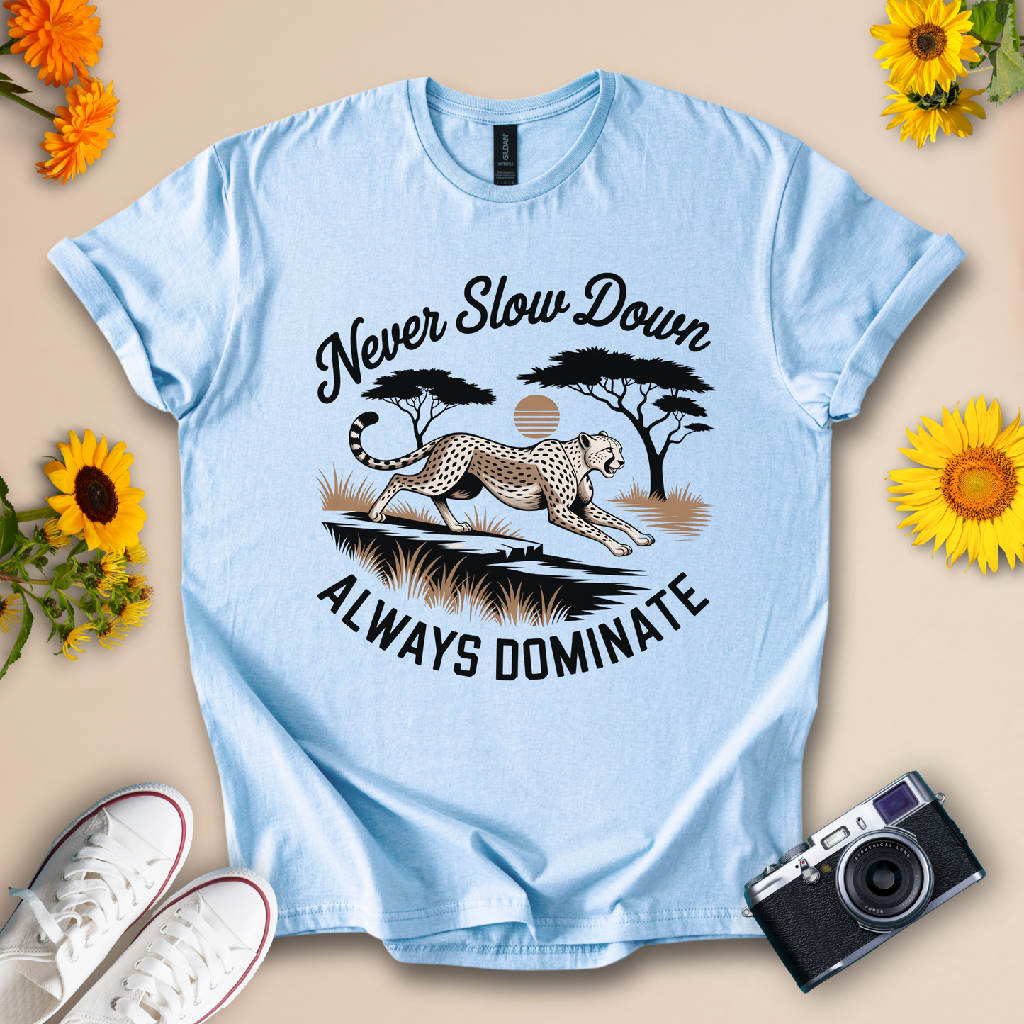 Never Slow Down, Always Dominate – Cheetah Motivational Graphic Tee