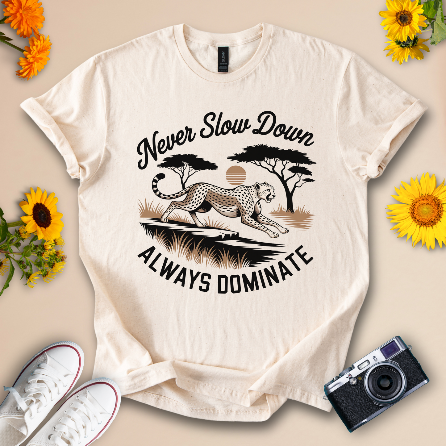 Never Slow Down, Always Dominate – Cheetah Motivational Graphic Tee