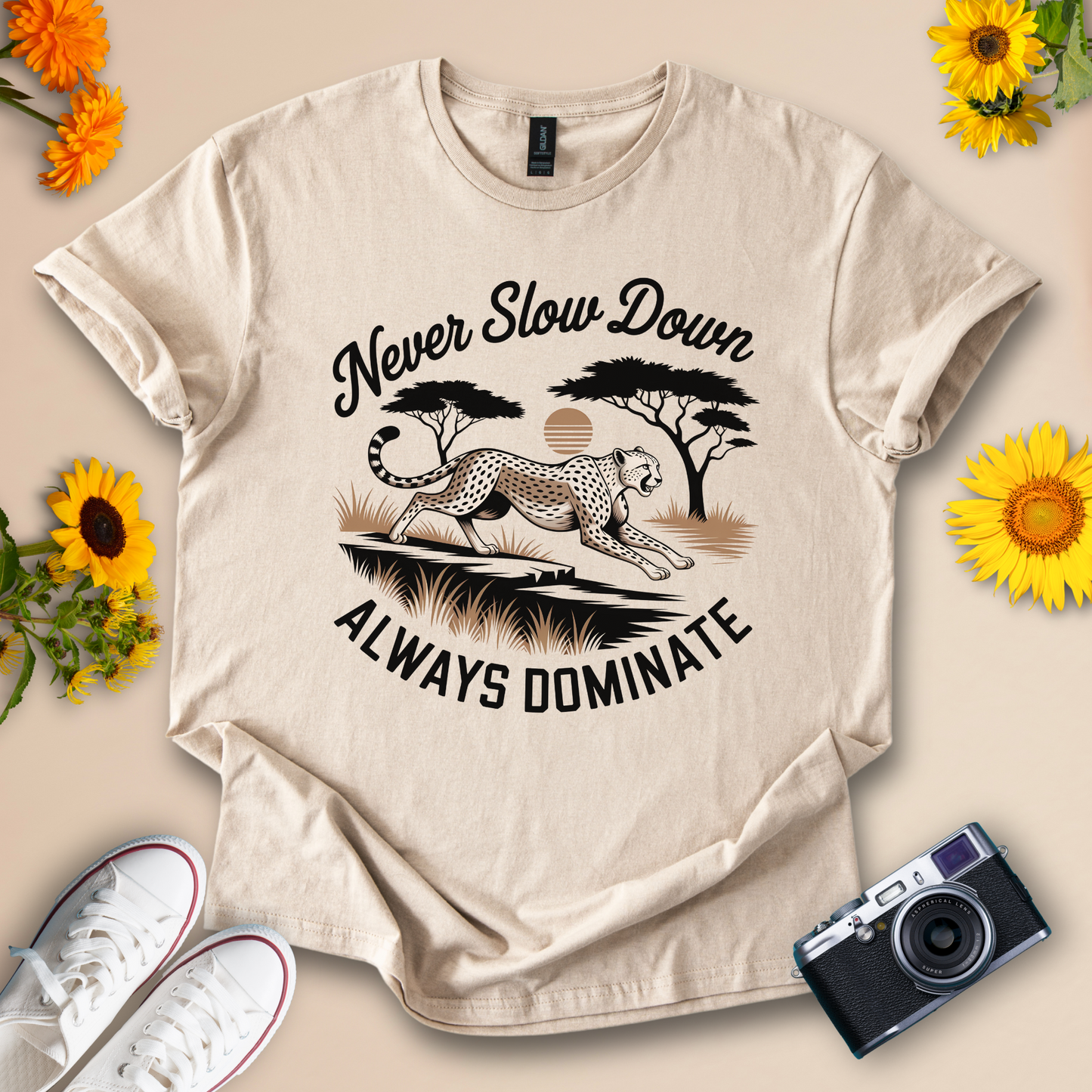 Never Slow Down, Always Dominate – Cheetah Motivational Graphic Tee