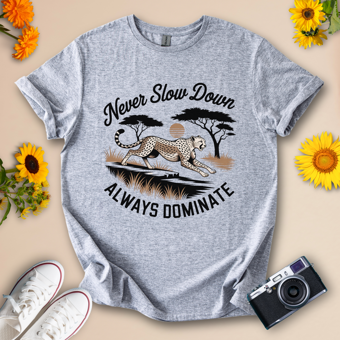 Never Slow Down, Always Dominate – Cheetah Motivational Graphic Tee
