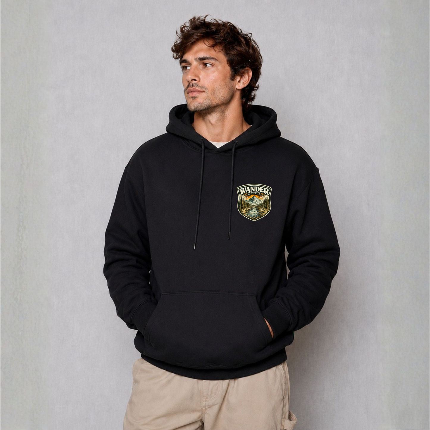 Wander Often Mountain Hoodie — Adventure Nature Graphic Pullover