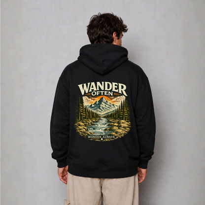Wander Often Mountain Hoodie — Adventure Nature Graphic Pullover