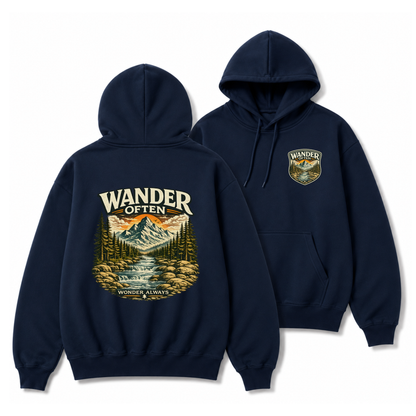 Wander Often Mountain Hoodie — Adventure Nature Graphic Pullover