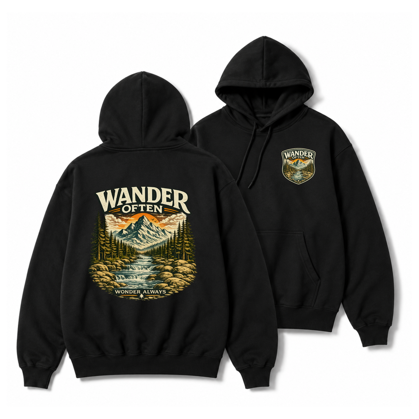 Wander Often Mountain Hoodie — Adventure Nature Graphic Pullover