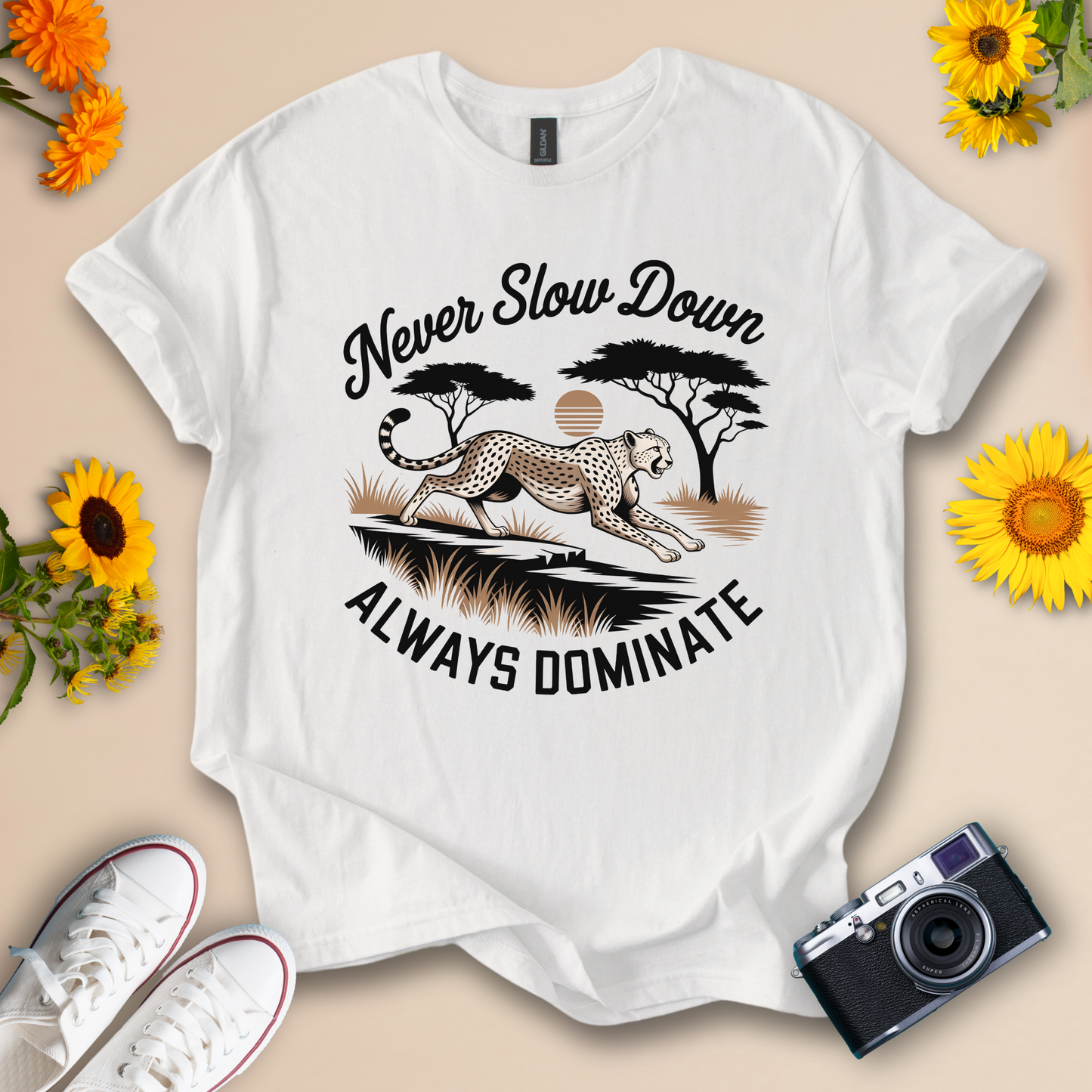 Never Slow Down, Always Dominate – Cheetah Motivational Graphic Tee